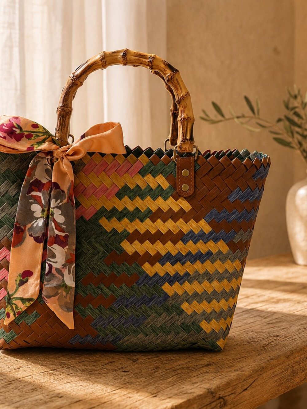 Handwoven Multicolor Chevron Tote • Faux Bamboo Handle, Silk Scarf Accent